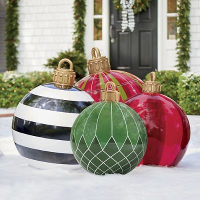 Frontgate's Set Of 3 Oversized Blown-Glass Christmas Ornaments-Wreath/Candy Cane 