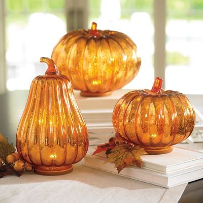 Mercury Glass LED Pumpkins, Set of Three | Grandin Road