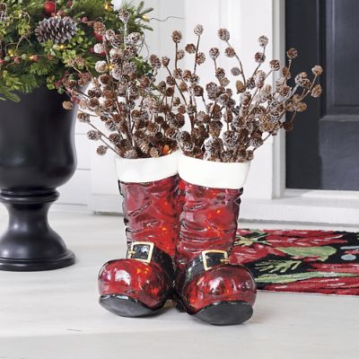 Santa Boots w/ Pre-Decorated Christmas Greenery, Lights - 40in