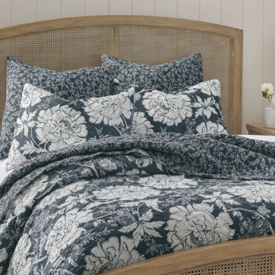 Floral Comforter Set Queen, Blue Floral Printed on Light Grey