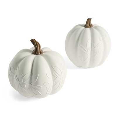 White Embossed Leaf Pumpkins, Set of Two | Grandin Road