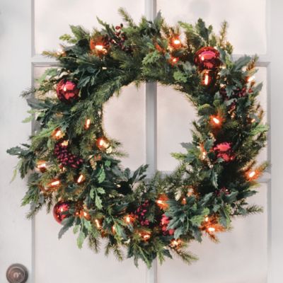 Batteryoperated Holly and Berry Christmas Wreath Grandin Road