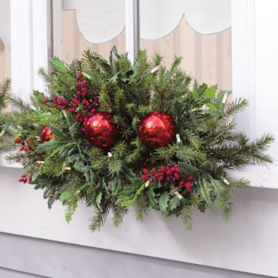 Set of Two Cordless Holly and Berry Window Swags | Grandin Road