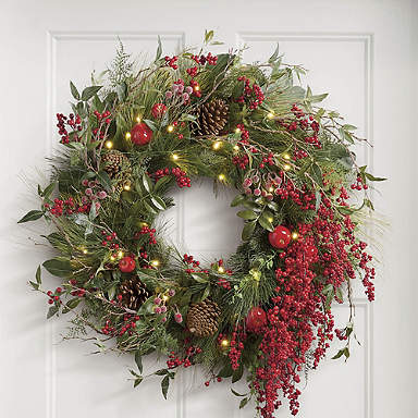 Frontgate Grandinroad Cordless Boxwood Christmas Door Hanging Wreath Prelit 28" 